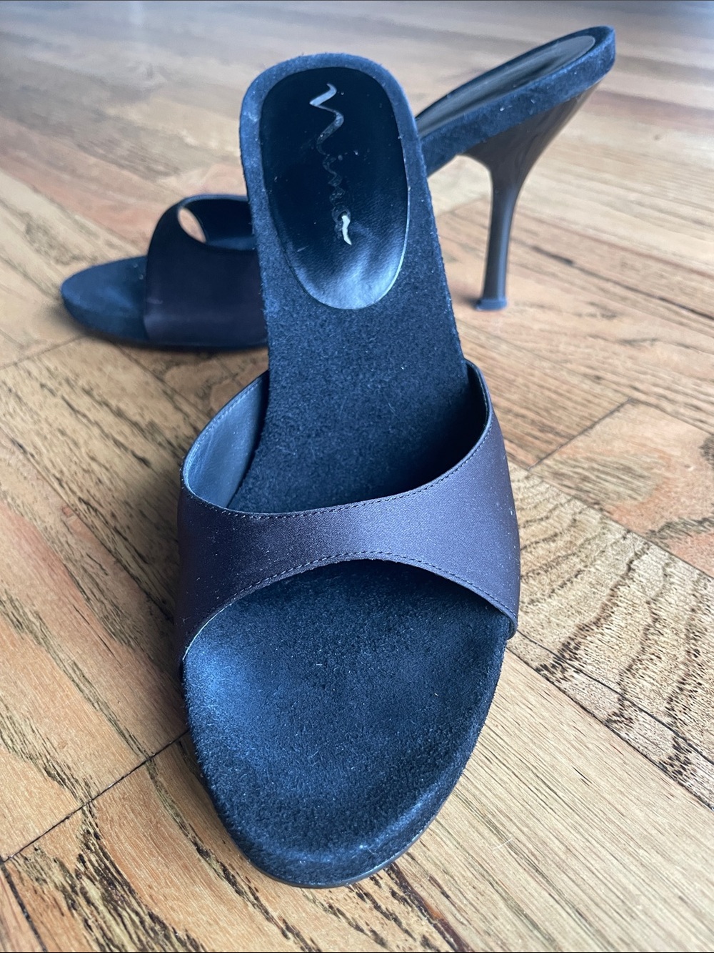 Nina Chocolate Black Satin Slide Mules with Stiletto Heel